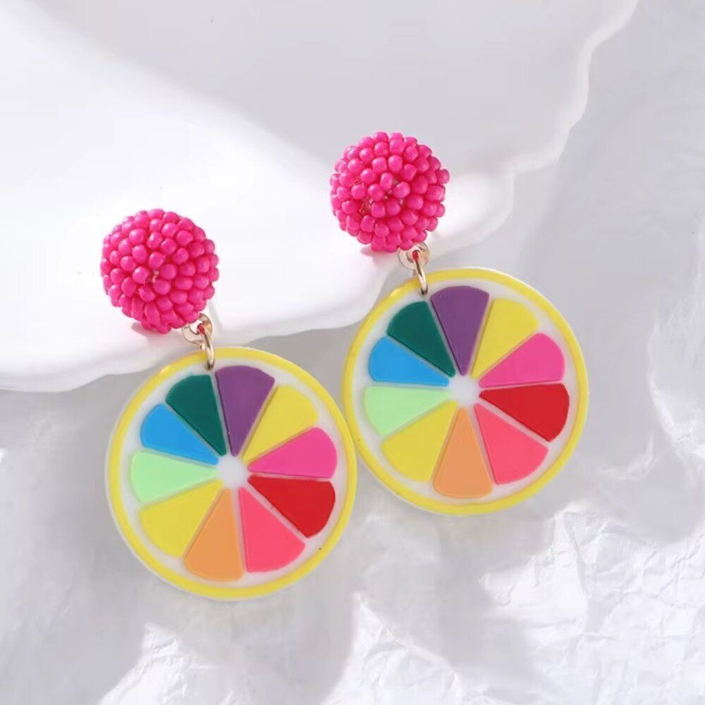 Rainbow Lemon Slice Pink Beaded Dangle Earrings